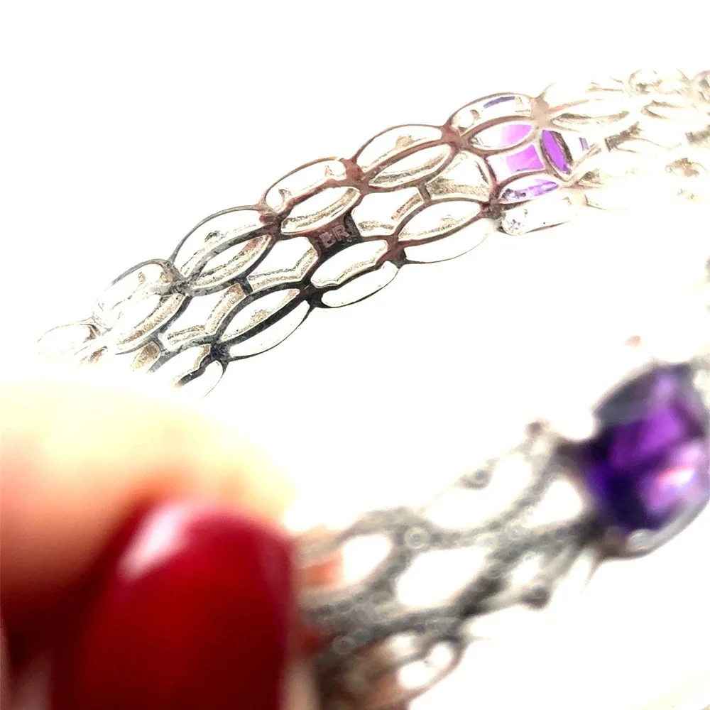 BR Amethyst Purple Stone Filigree Bangle Bracelet Silver Tone Vintage Style